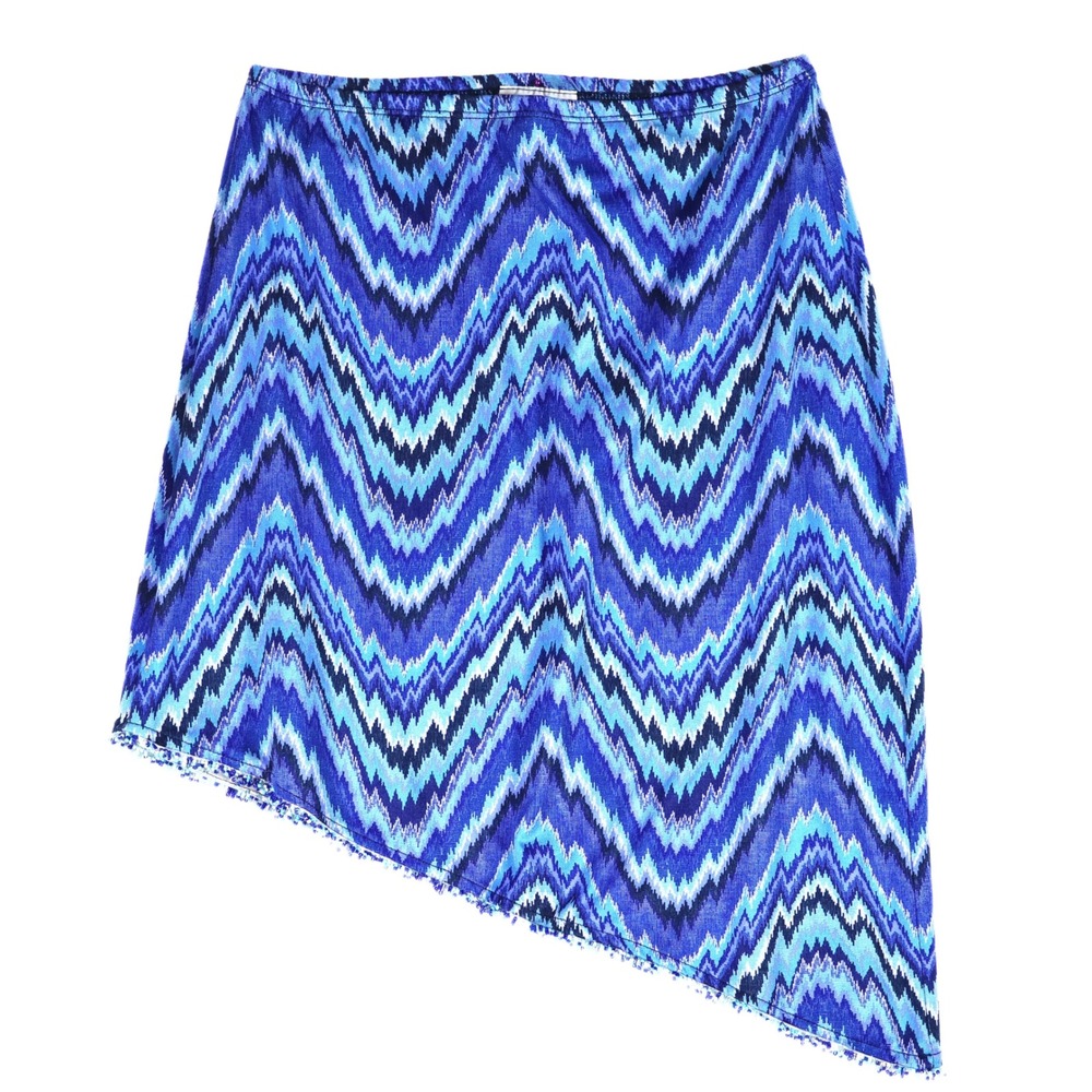 VTG LA Movers Asymmetrical Skirt Y2k Womens M Blue Chevron Beaded Fringe Hem